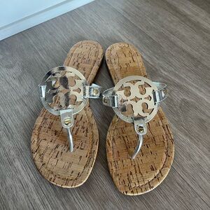 Tory Burch miller patent cork/metallic leather sandal